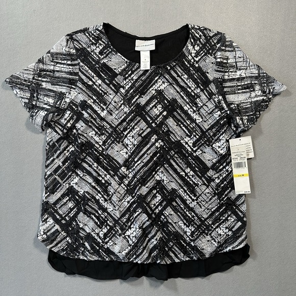 Alfred Dunner Tops - Alfred Dunner Womens Medium Lace Overlay Blouse Black White NWT Short Sleeve